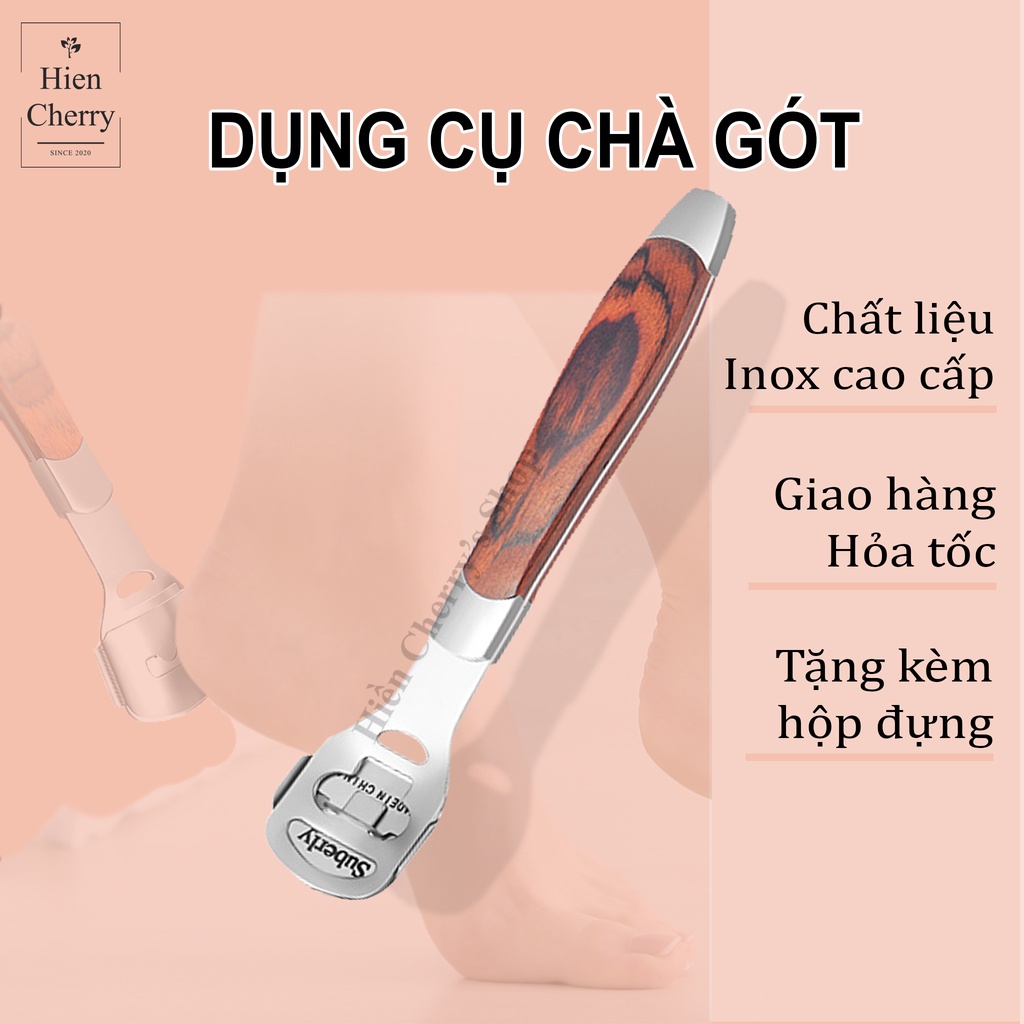 Chà gót chân cầm tay tiện lợi, chất liệu inox, tặng kèm hộp đựng và lưỡi dao .