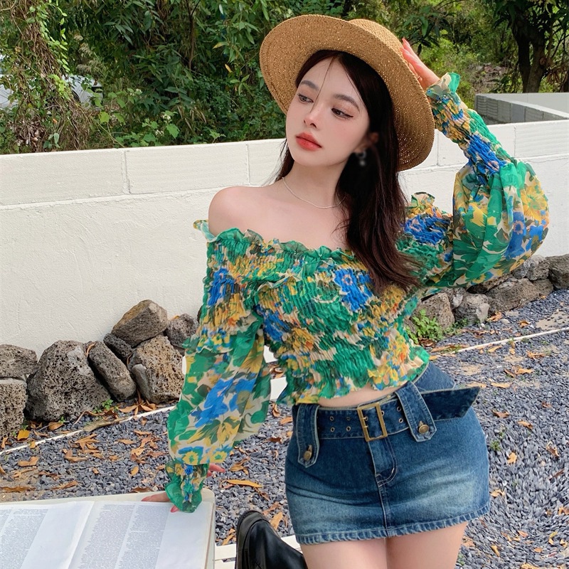 Áo Trễ Vai Tay Dài Họa Tiết Hoa Quyến Rũ Cho Nữ