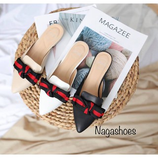 Dép nagashoes mũi nhọn quai ngang đỏ đen 2p nad42