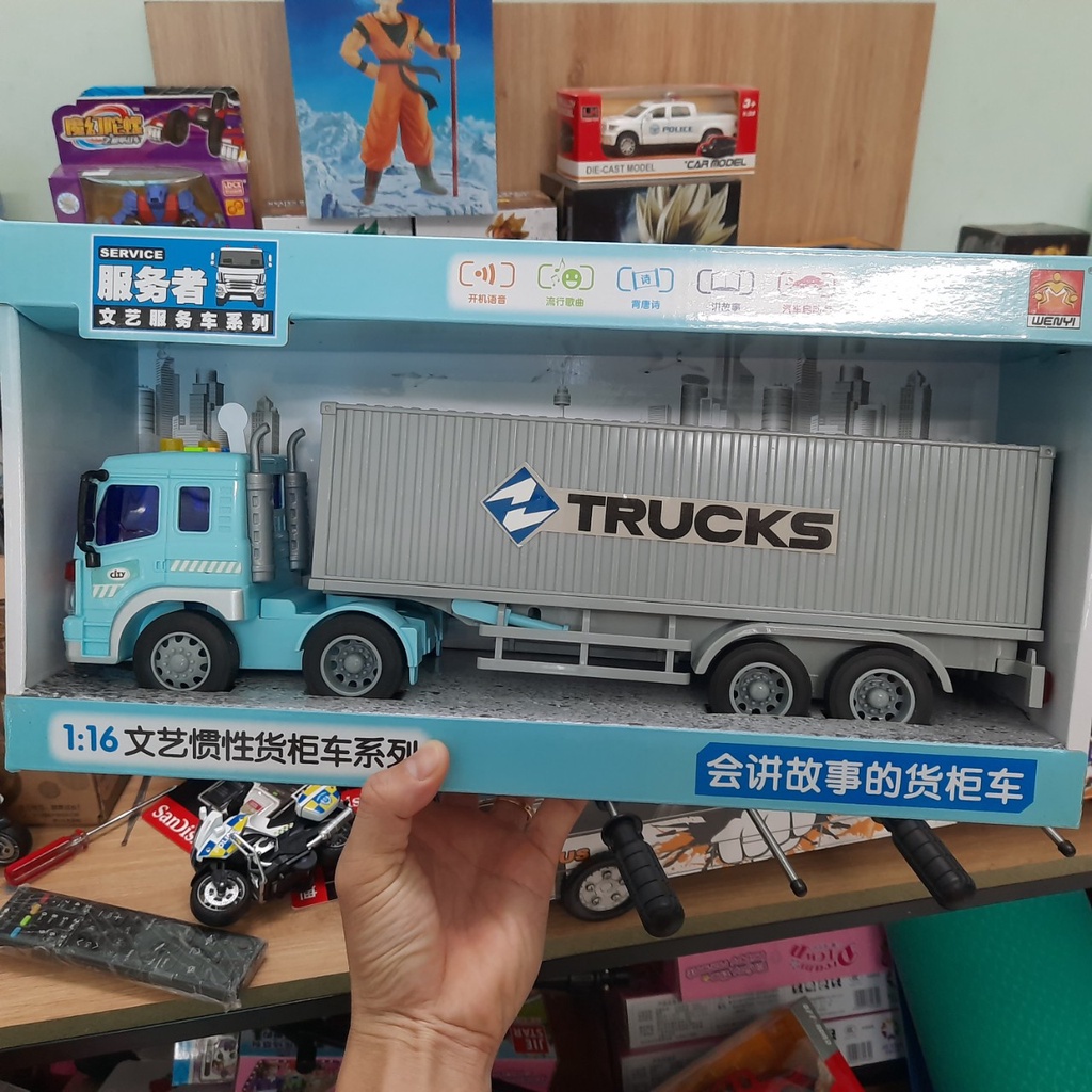 Mô hình xe đầu kéo container chở hàng đồ chơi trẻ em xe bằng nhựa có âm thanh và đèn