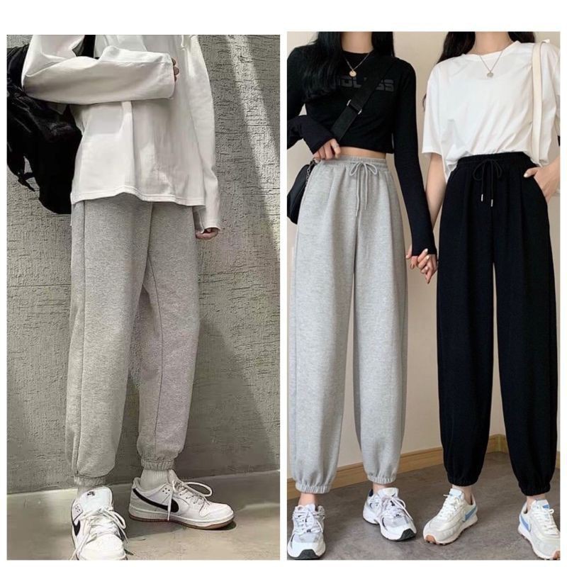 Quần jogger nữ ống rộng dây rút bo gấu có túi chất da cá dày thu đông màu đen xám - Quần nỉ nữ ống bo gấu dáng suông dài