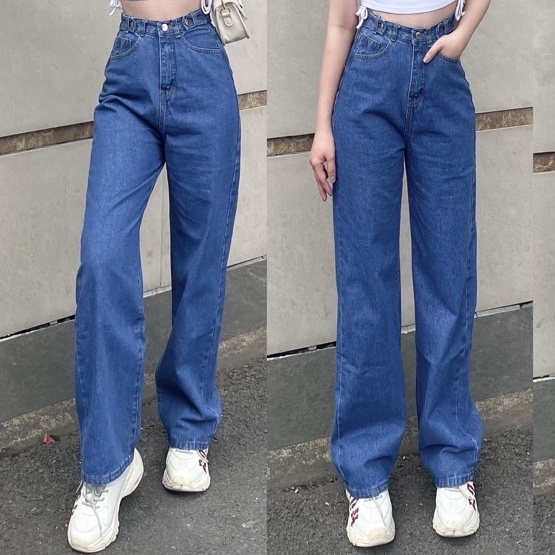 Quần Jean Nữ Ống Suông Lưng Siêu Cao Màu Đen Xanh Cạp Nút | BigBuy360 - bigbuy360.vn