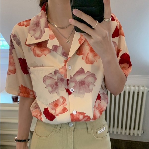 Áo Sơ Mi Họa Tiết Hoa Phong Cách retro hong kong Cho Cặp Đôi