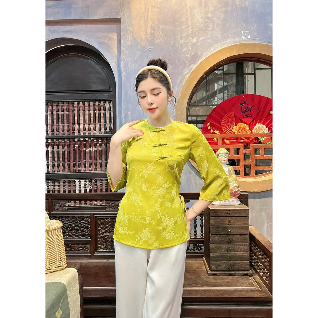 Bộ lam đi chùa nữ cổ tròn khuy chéo thắt nơ Pháp phục đi chùa cao cấp Bộ lễ phục lễ chùa lụa vân hoa, thanh lịch