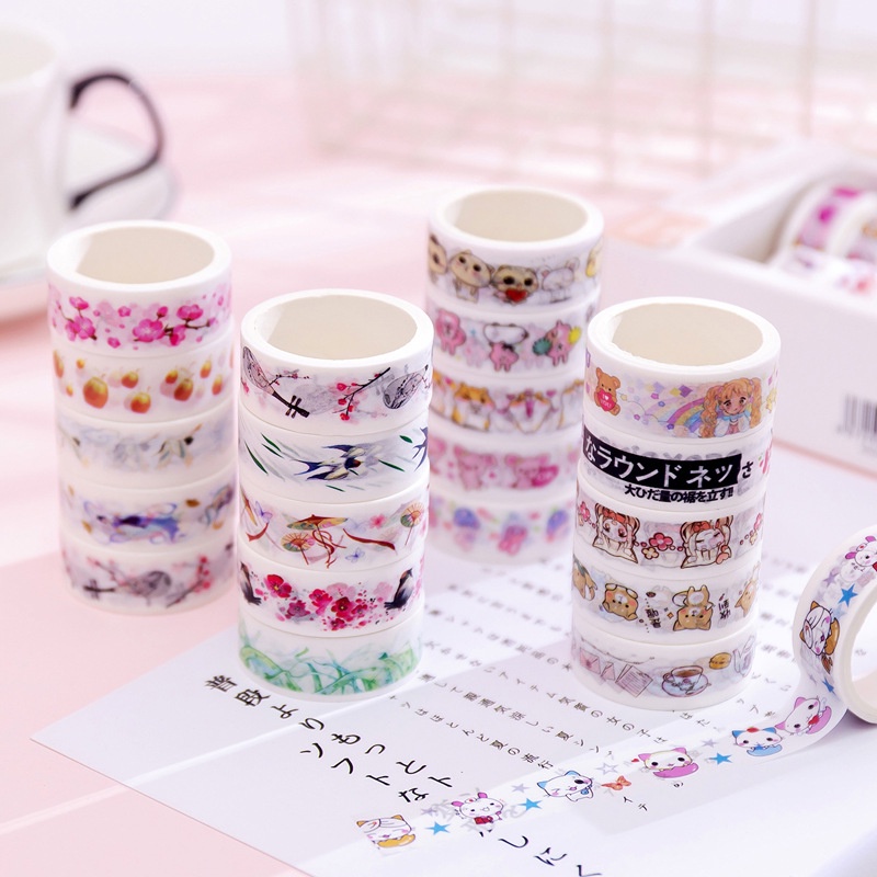 Set 10 Cuộn Băng Dán Washi Họa Tiết Hình Hoa Dùng Làm Đồ Trang Trí