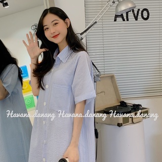 Đầm sơ mi sọc dọc, chất mỏng, chất sơ mi xốp
