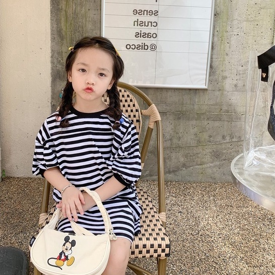 Đầm thun dài cổ tròn dáng rộng họa tiết kẻ sọc thời trang mùa hè dành cho bé gái 3-8 tuổi