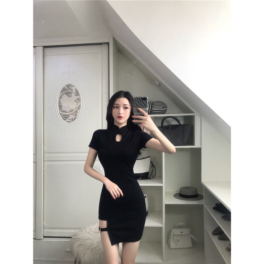 (SẴN S ĐEN) Sườn xám thun khoen 3 màu (ảnh thật) | BigBuy360 - bigbuy360.vn