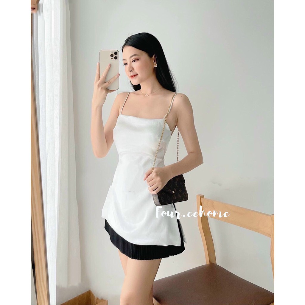 Set áo 2 dây hở lưng xẻ hông + chân váy xếp ly đen, trắng