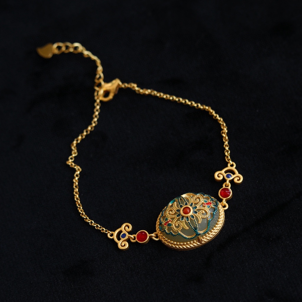 Vòng tay dây chuyền mặt hoa đính đá ngọc bích phong cách dân tộc cổ điển