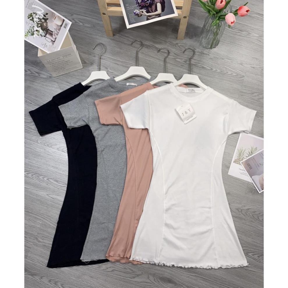 Váy đầm nữ cộc tay ôm body gân tăm dáng ngắn cổ tròn màu đen ghi hồng trắng  freesize thể thao sexy co giãn | BigBuy360 - bigbuy360.vn