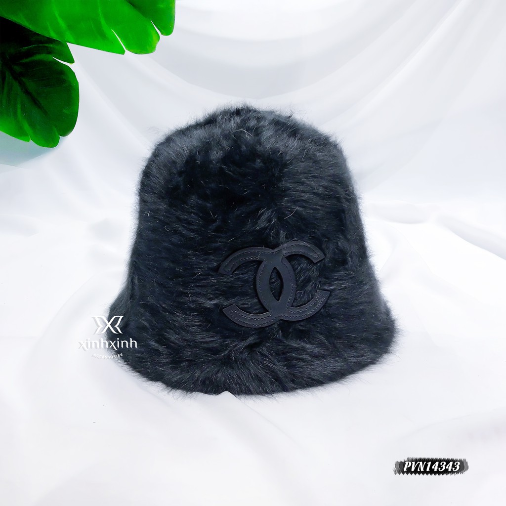 Mũ lông, nón nữ vành tròn đính chữ C lồng bằng da cao cấp - Xinh Xinh Accessories