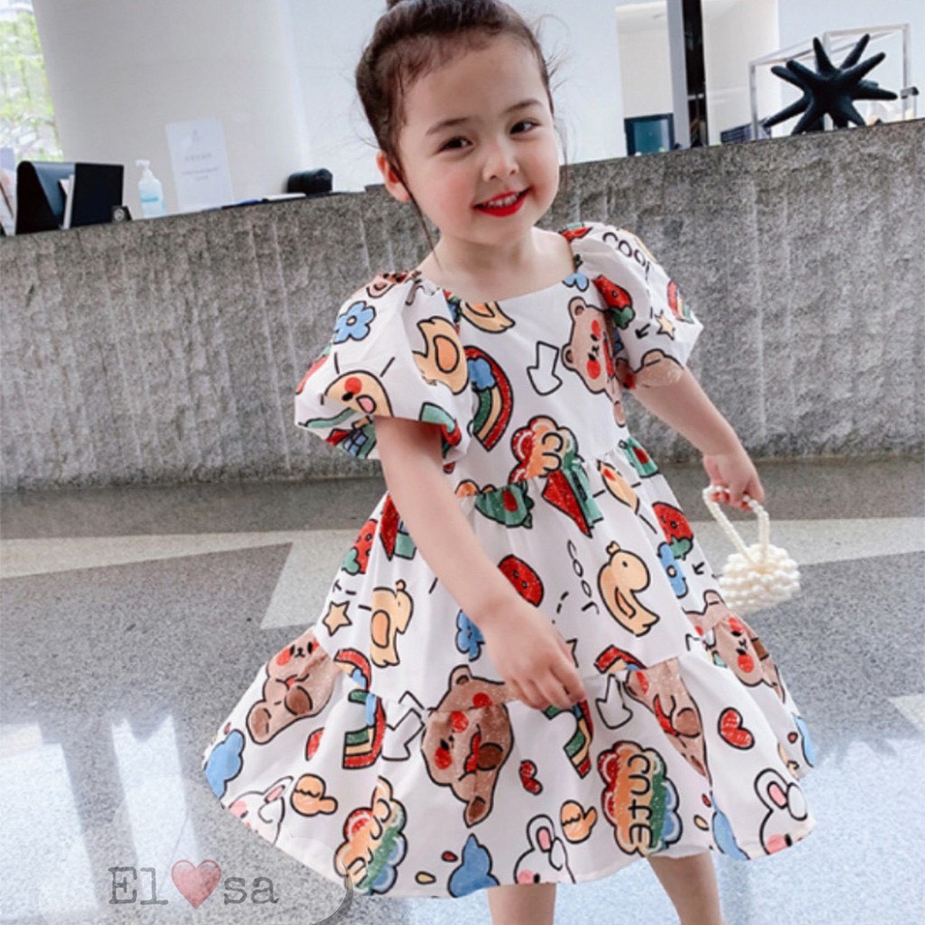 Váy bé gái hoạt hình cầu vồng dáng xòe tay bồng đáng yêu cho bé gái từ 8 đến 20 kg
