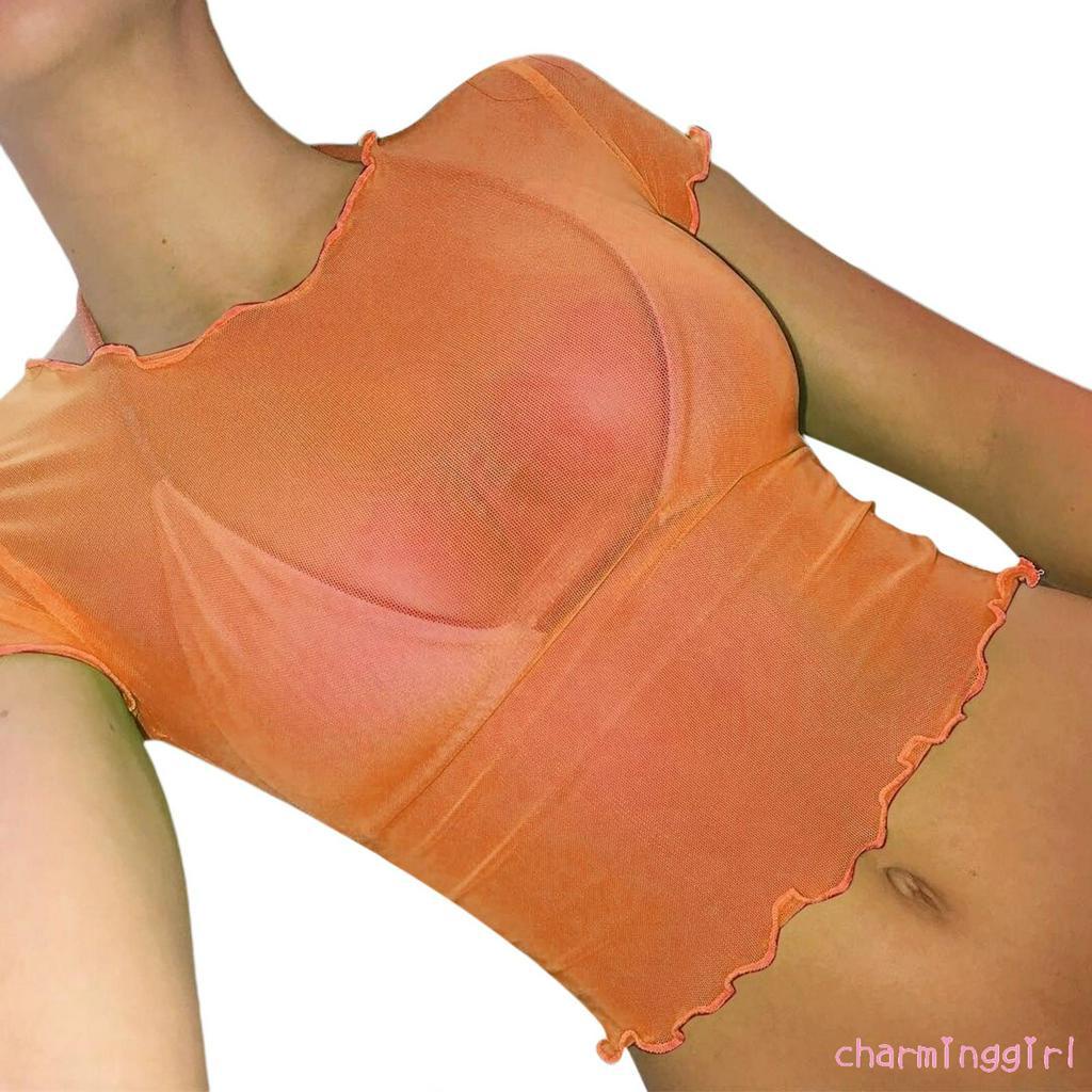 Áo Thun Lửng Ngắn Tay Xuyên Thấu Gợi Cảm Cho Nữ