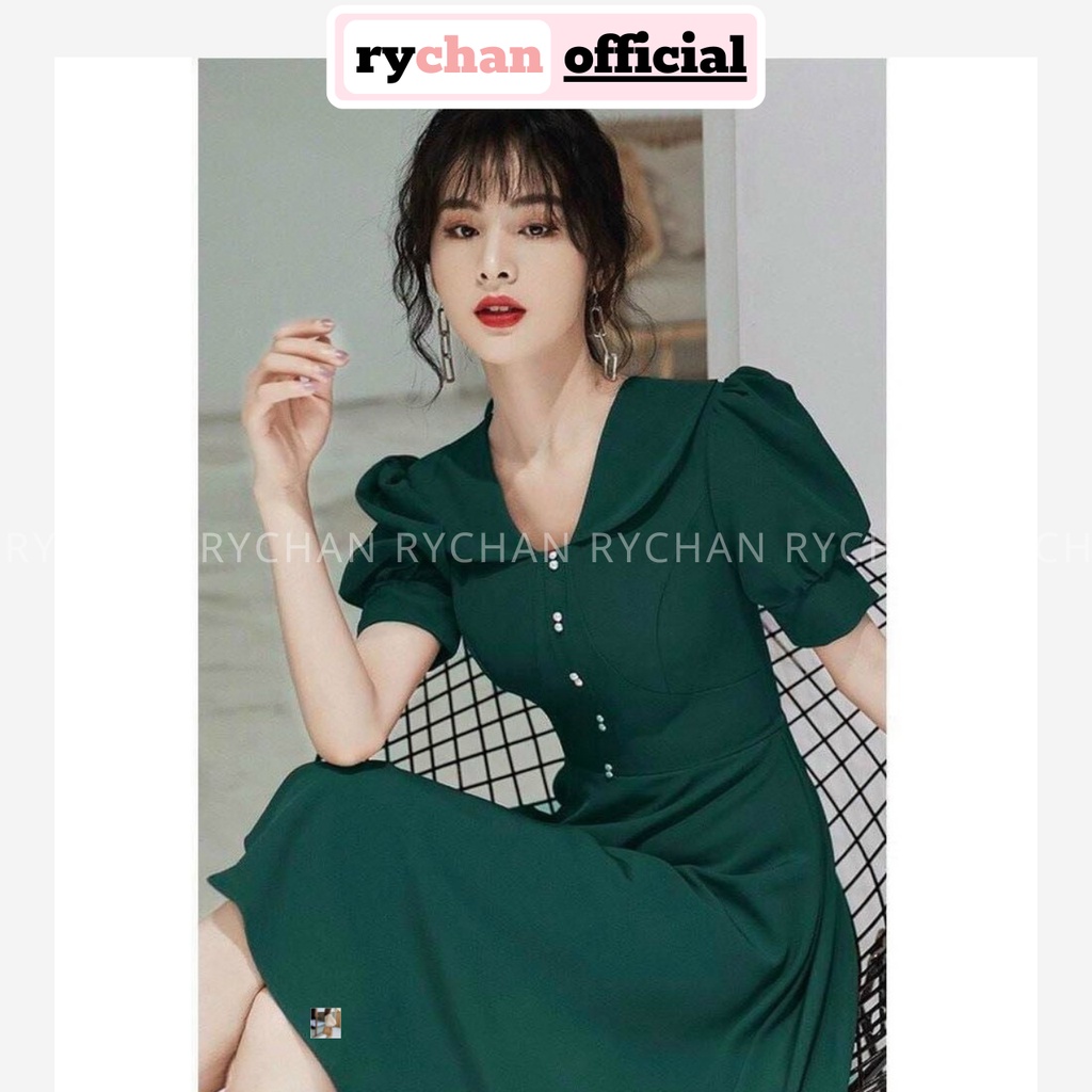 Đầm Xòe Midi Cổ Lá Sen Tay Phồng Chiết Eo Màu Xanh Đỏ - DX0020