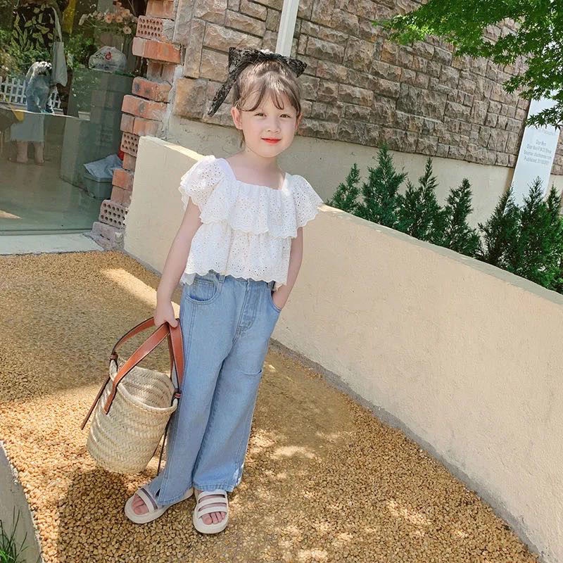 Bộ Áo Sơ Mi Denim Phối Ren + Quần Dài Phong Cách Nhật Hàn Thời Trang Mới 2022 Cho Bé Gái