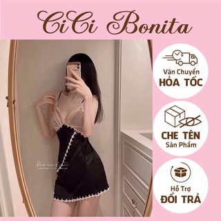 Đầm ngủ nữ / váy lụa 2 dây viền hoa nhí cao cấp quảng châu cici bonita hcm cv200