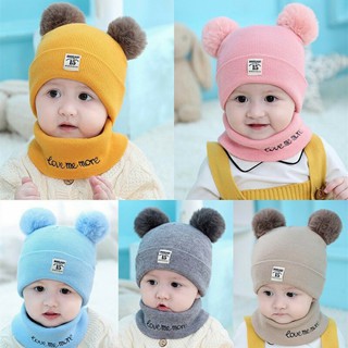 Bộ khăn + mũ len 2 quả bông cho bé