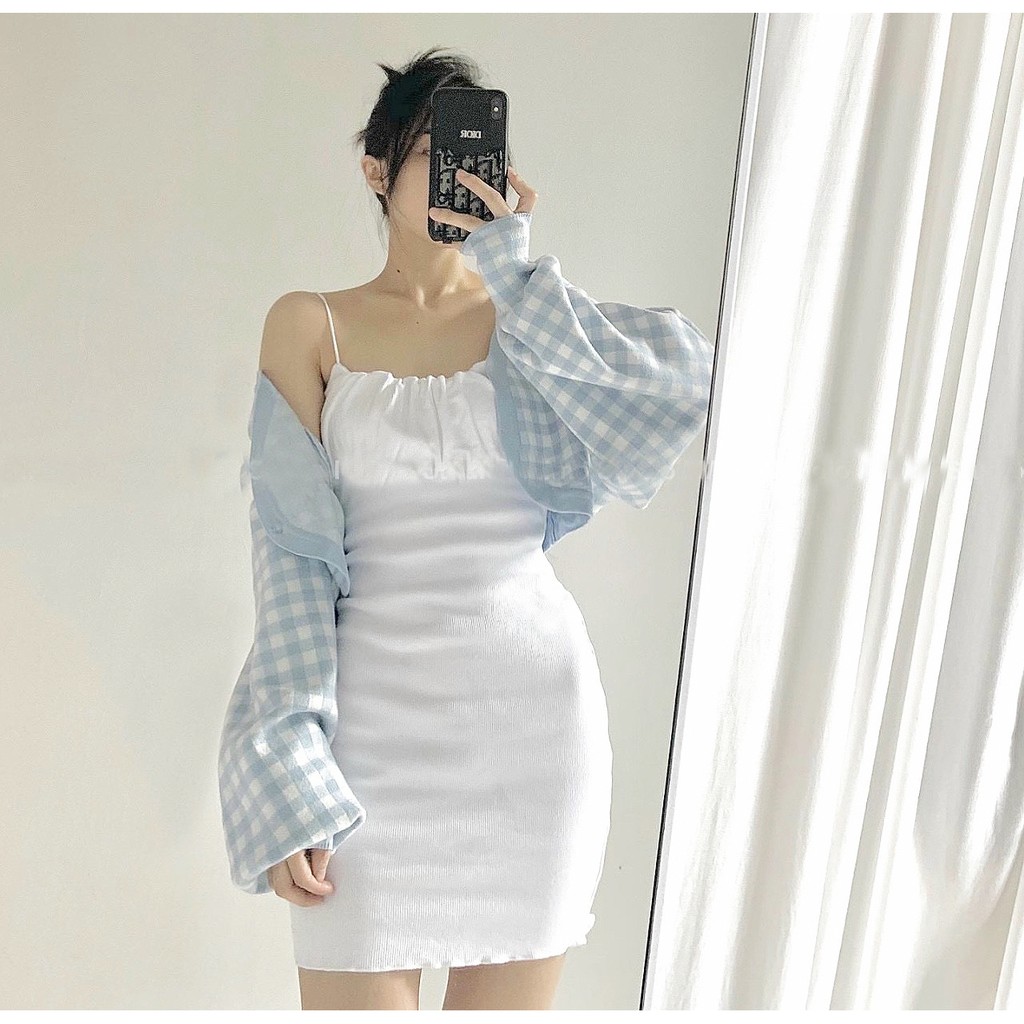 Set đầm 2 dây ôm body trắng áo khoác cardigan kẻ caro xanh dương S62 | BigBuy360 - bigbuy360.vn