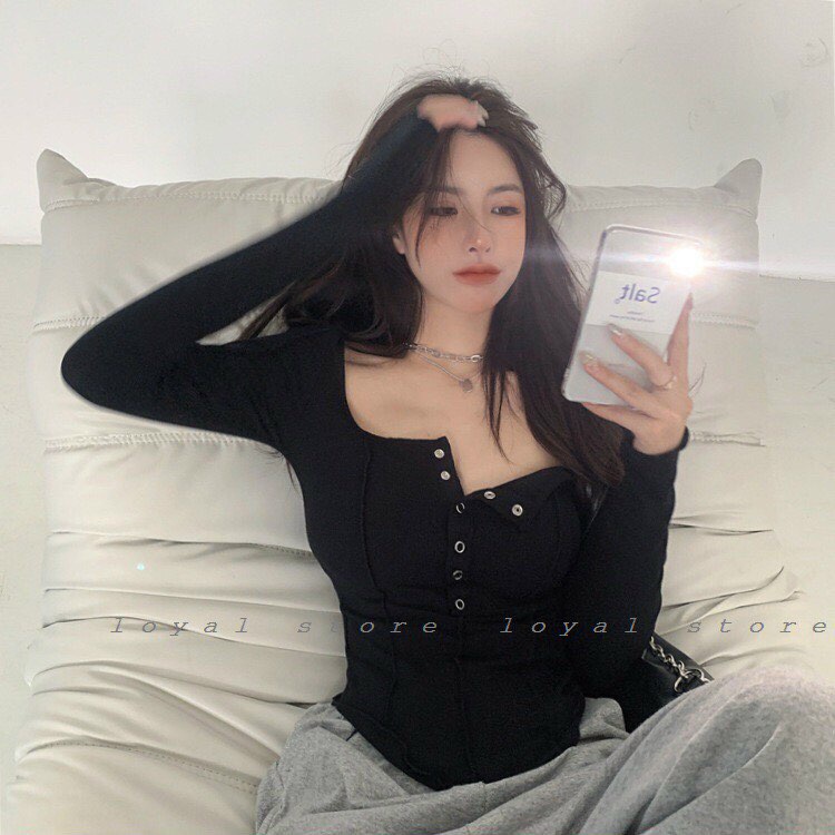 Áo Thun Gân Tay Dài Cúc Bấm