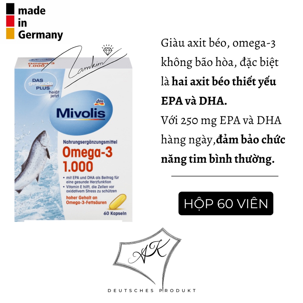 Dầu cá Omega 3 Mivolis - nội địa Đức - 60 viên