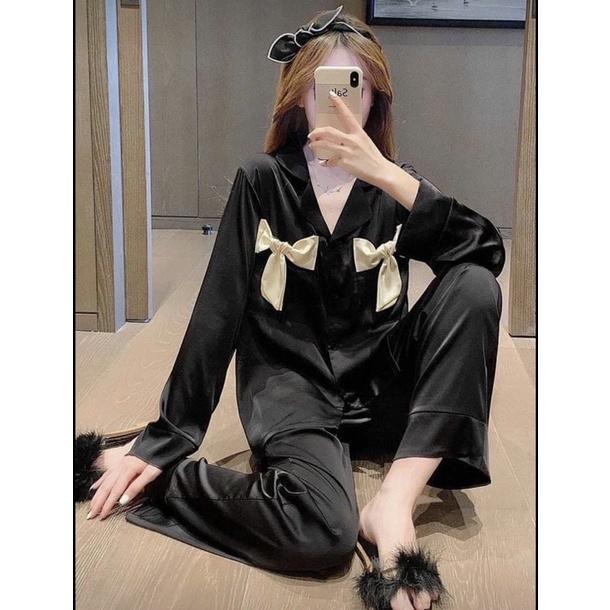 Pijama lụa latin thiết kế nơ dễ thương chất lụa mềm mịn thoáng mát