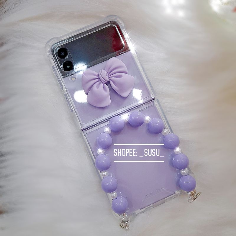 Ốp Samsung Galaxy Z Flip 4 - Z Flip 3 - Z Flip3 - Flip4 5G đính nơ xinh xắn kèm dây chuỗi trendy