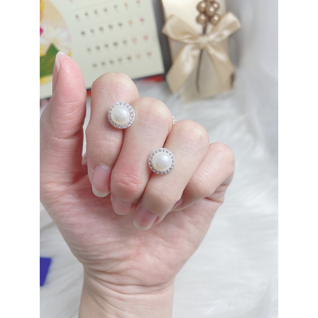 Bông tròn đính hạt li to, khuyên tai chất liệu bạc ta sang trọng - Trang sức bạc Evasilver