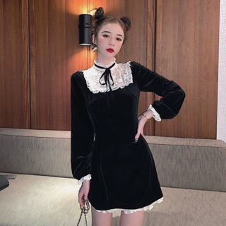 [Sẵn ] Váy nhung lolita cổ phối ren thắt nơ. Đầm body nhung tiểu thư