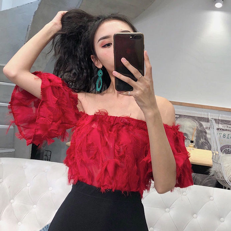 Áo Kiểu Vải Voan Trễ Vai Phối Tua Rua Lông Vũ Ngắn Lưng Co Giãn Gợi Cảm Mùa Hè Đi Hộp Đêm Dành Cho Bạn Nữ
