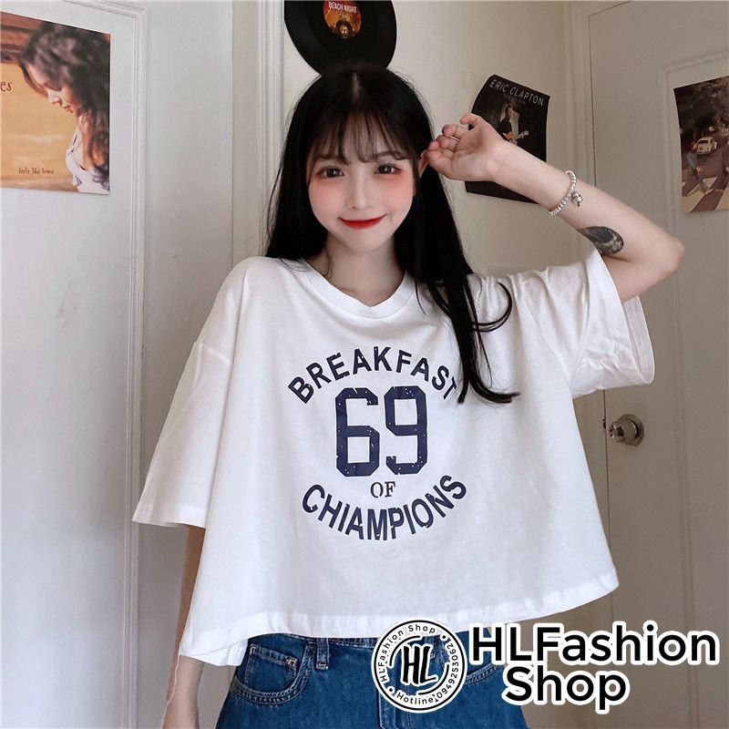 Áo croptop thun nữ Breakfast 69, áo thun nữ HLFashion