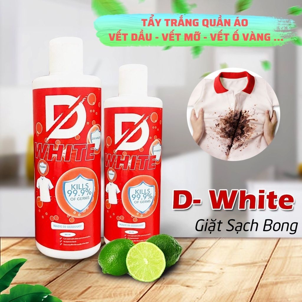 Tẩy trắng quần áo D While - Nước tẩy quần áo sạch vết mốc ố vàng không làm phai màu vải dùng được cho trẻ nhỏ (500ml)