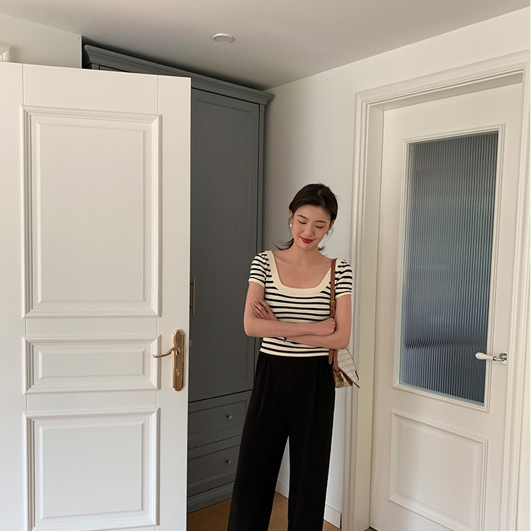 SUXI Áo Dệt Kim Tay Ngắn Cổ Vuông Dáng Rộng Họa Tiết Kẻ Sọc Thời Trang Mùa Hè Xinh Xắn Cho Nữ