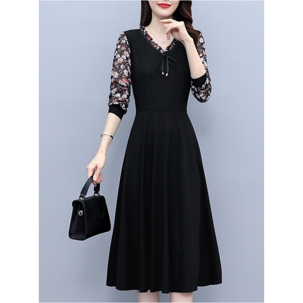 Váy đầm đẹp tặng mẹ giá rẻ, dành cho tuổi trung niên, Poly co giãn, tay dài, dáng suông che khuyết điểm