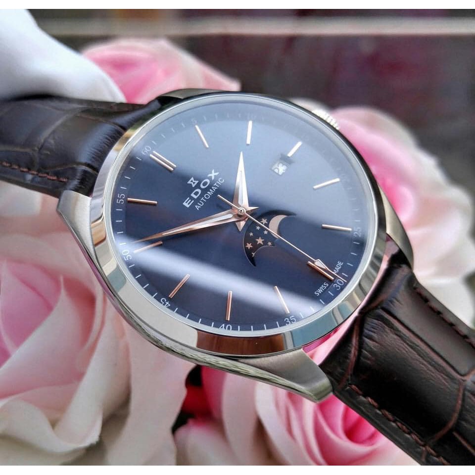 Đồng hồ nam chính hãng Edox Moon phase Swiss automatic - Máy cơ tự động Thụy Sĩ - Kính Sapphire - Dây da