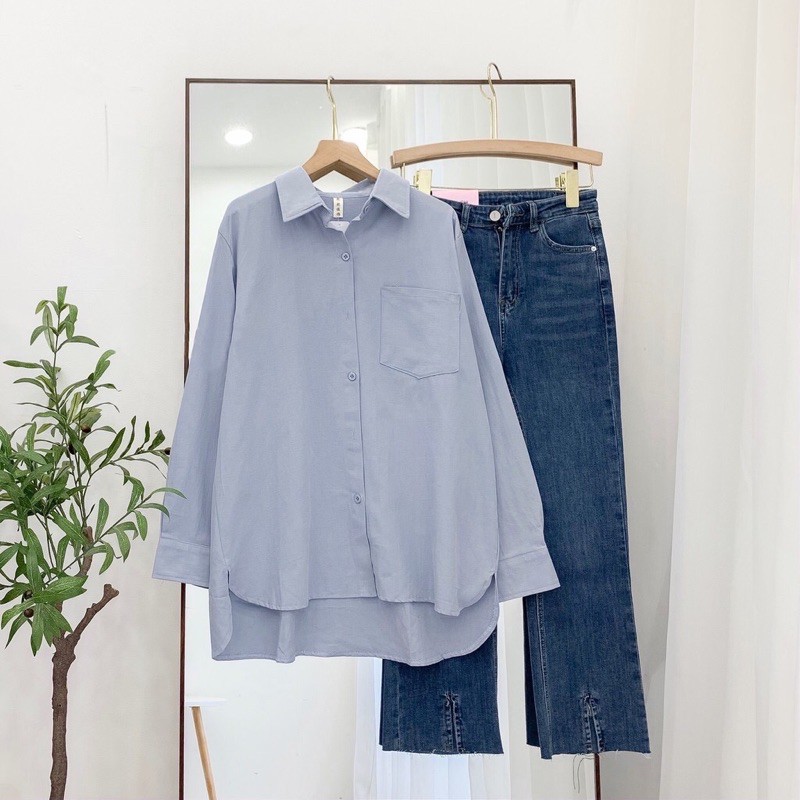 Áo sơ mi basic oversize màu xanh nhạt