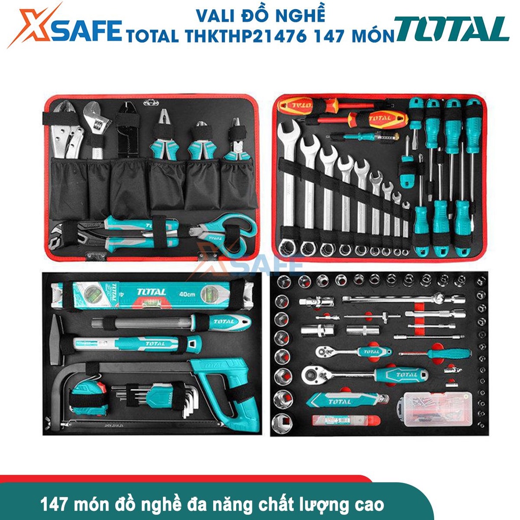 Vali kim loại di động đựng đồ nghề khóa sắt Total THKTHP21476 147 chi tiết, bộ đồ nghề đa năng 4 ngăn đầy đủ - XSAFE