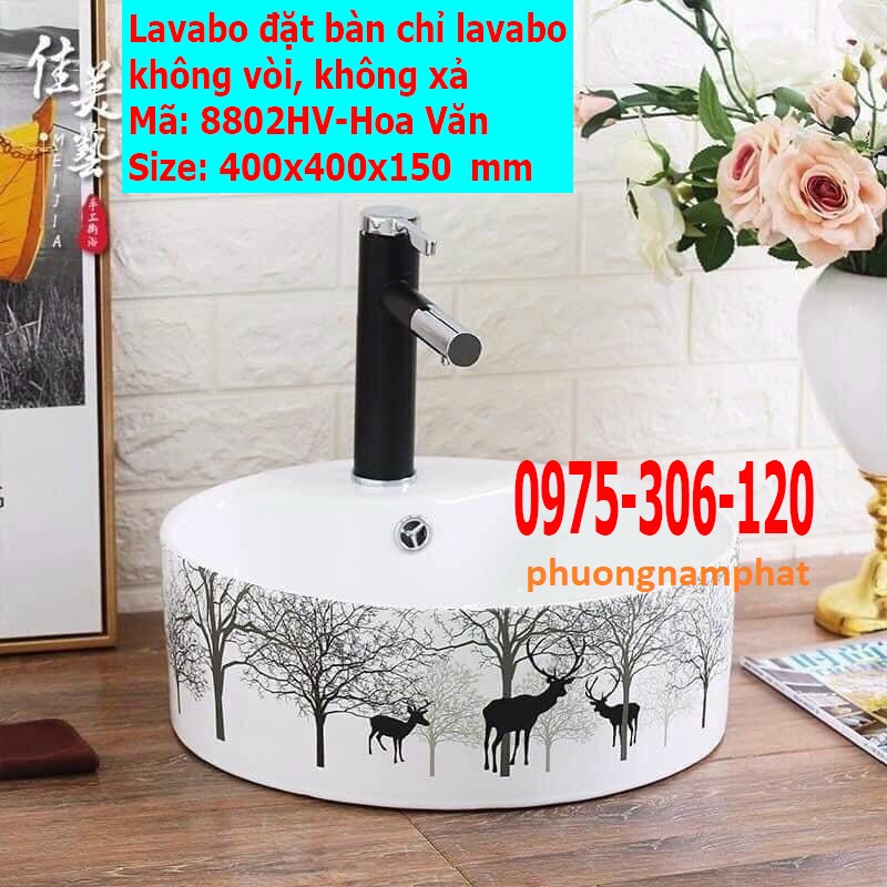 Chậu rửa mặt lavabo Đặt Bàn Đá 8802HV-HOA VĂN CON HƯƠU thương hiệu NA.GRAND, men NANO trắng sáng chống ố chống bám bẩn