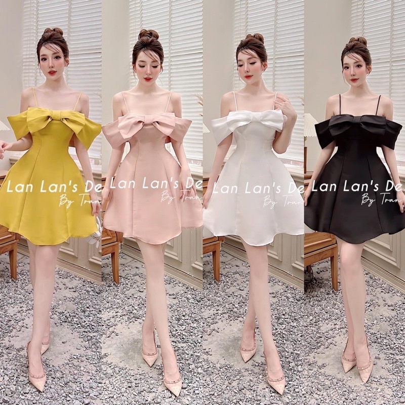 Váy dây rớt vai nơ ngực chất tacta đứng dáng, váy dự tiệc tiểu thư