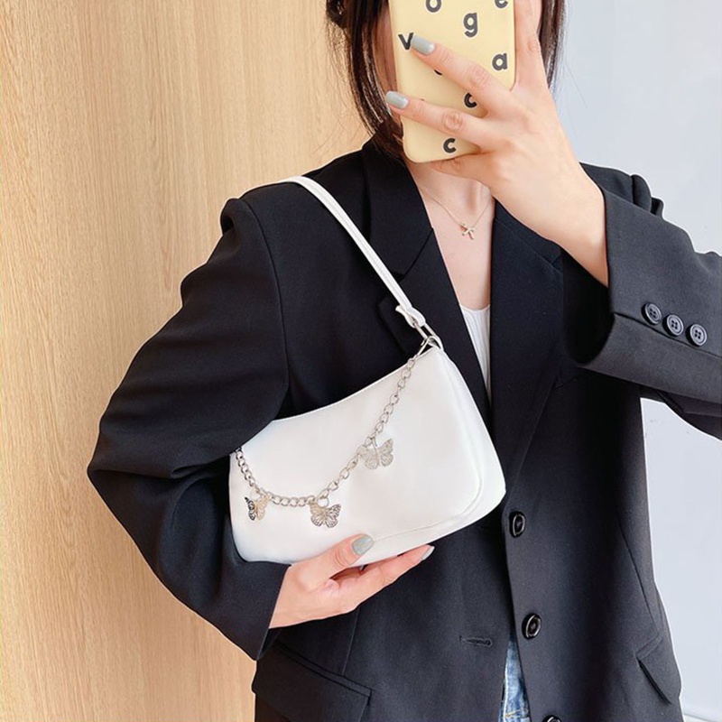 Túi Xách Da PU Kẹp Nách Phối Dây Xích Họa Tiết Bướm Thời Trang Cho Nữ