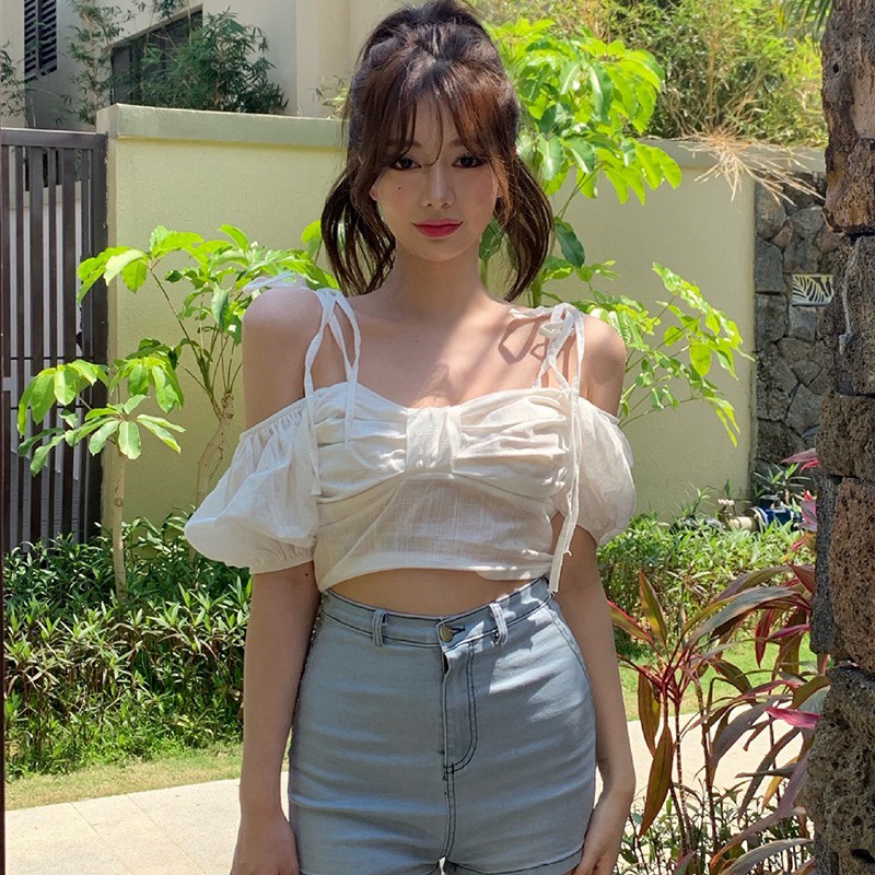 Áo Sơ Mi Trễ Vai Tay Ngắn Cột Dây Thời Trang Quyến Rũ Dành Cho Nữ