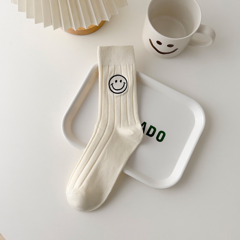 Tất Cotton Thêu Hình Mặt Cười Dễ Thương Phong Cách Nhật Bản