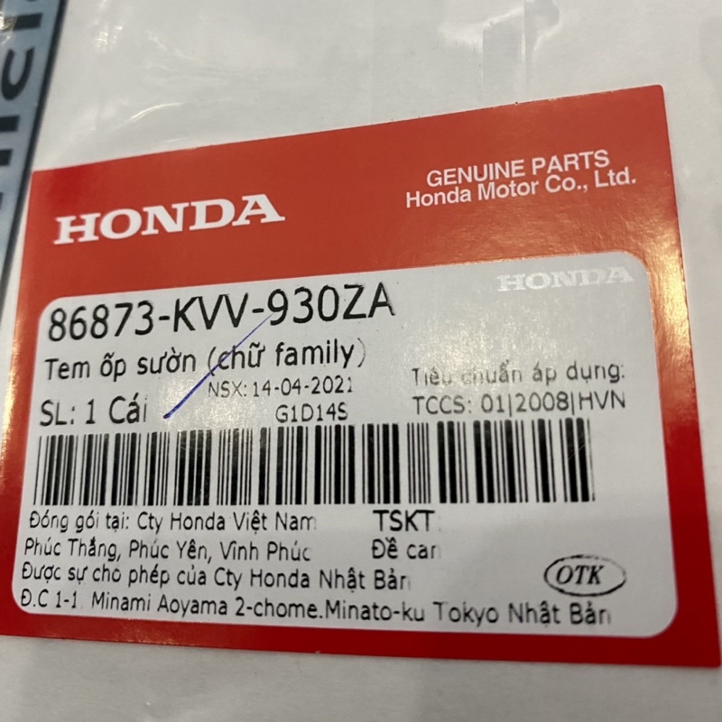 TEM “FAMILY VEHICLE” ZIN SUPER DREAM CHÍNH HÃNG HONDA-GIÁ 1 TEM