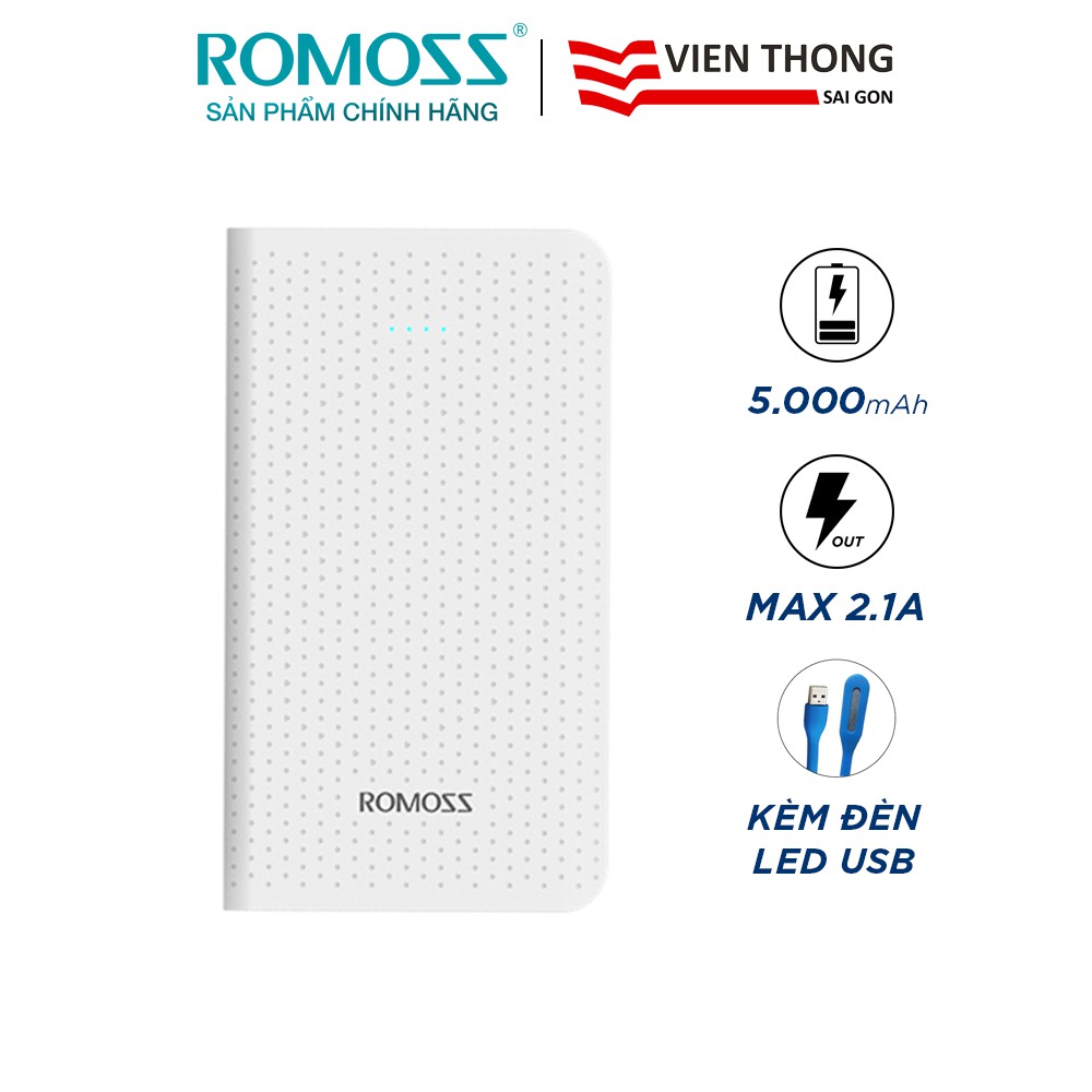 Pin sạc dự phòng Romoss Sense mini 5.000mAh hỗ trợ sạc nhanh 2.1A (Trắng) tặng Đèn LED cổng USB