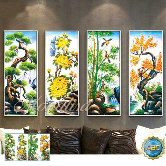 Tranh gắn đá tứ quý tùng cúc trúc mai 125*80cm