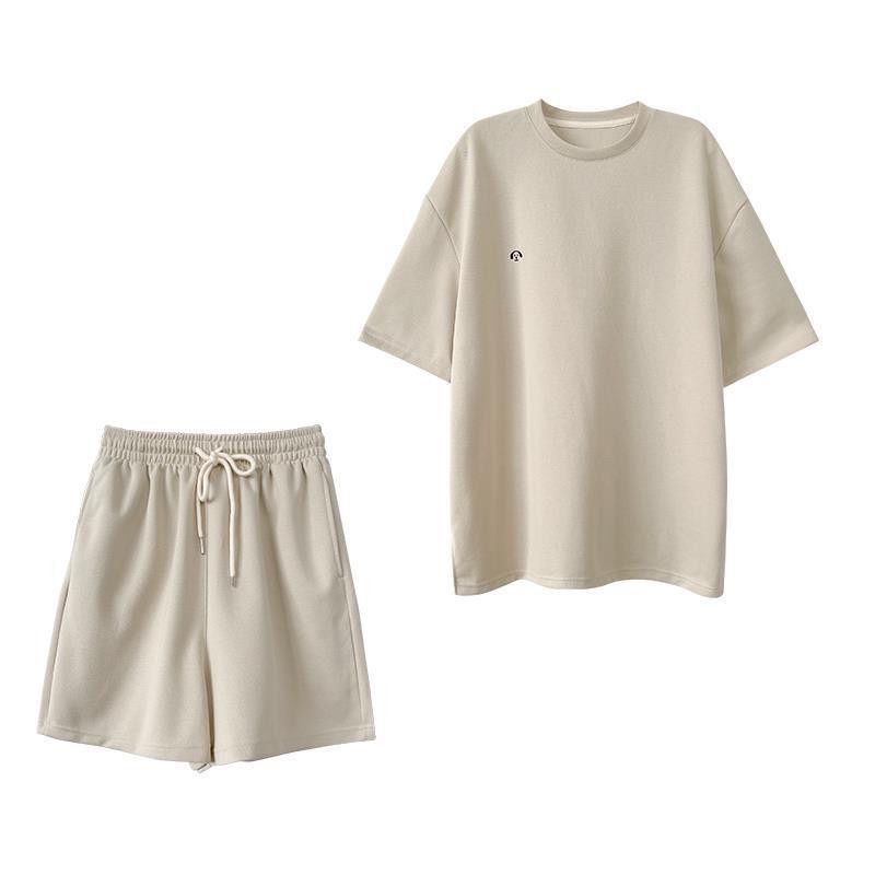 Set Quần Áo Tay Lỡ Màu Be Thêu Hình Cún Ngực Phong Cách Vintage Hàn Quốc Ulzzang Unisex PHULA | BigBuy360 - bigbuy360.vn