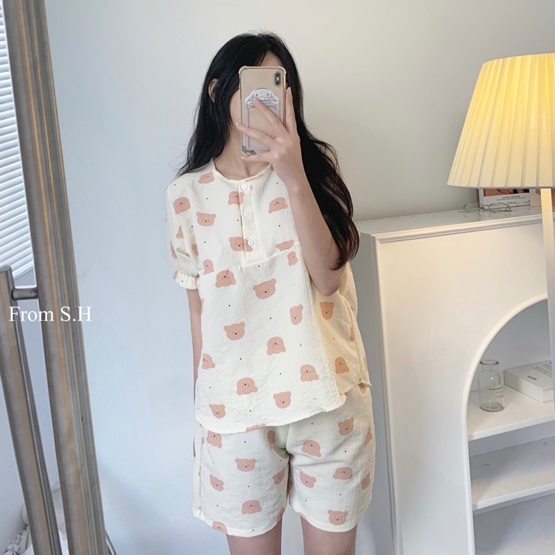 [ Ảnh thật ] Bộ ngủ pijama cộc dáng babydoll in hình cute