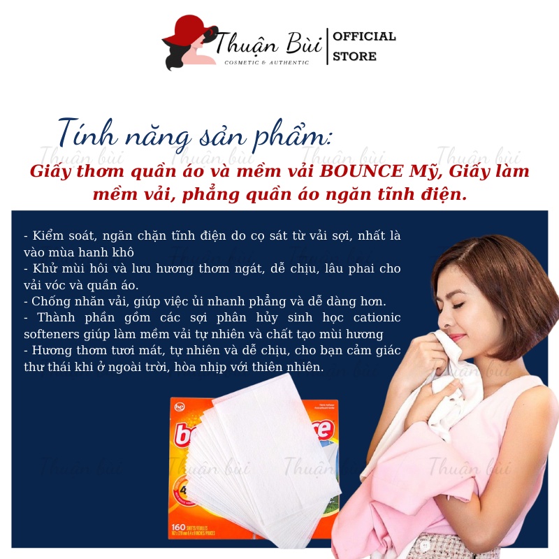 Giấy thơm quần áo Bounce Mỹ, Giấy Làm Mềm Vải Phẳng Quần Áo Ngăn Tĩnh Điện Nguyên Hộp 160 Tờ