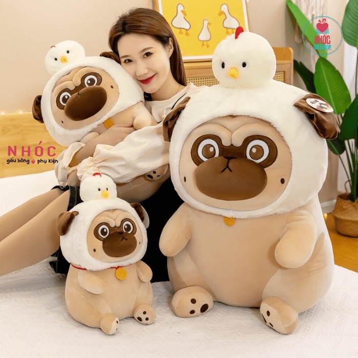 Thú bông Chó Pug Bông Đội Nón Gà Bông Cao Cấp An Toàn Cho Bé - NHÓC