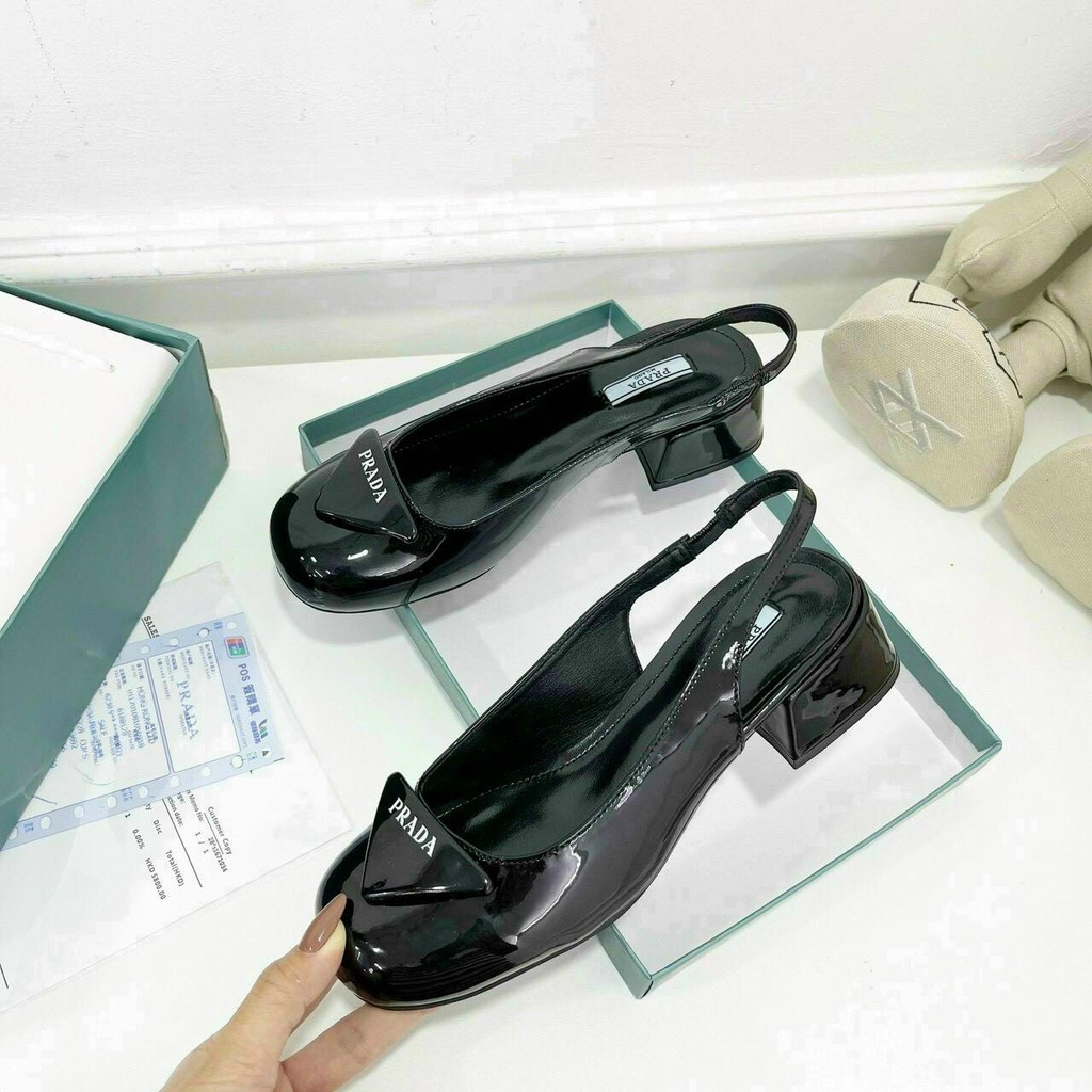 Sandal cao gót prada da bóng gót vuông 4cm